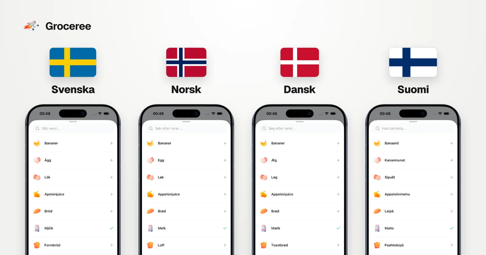 Swedish, Norwegian, Danish and Finnish flags above Groceree’s grocery list in each language