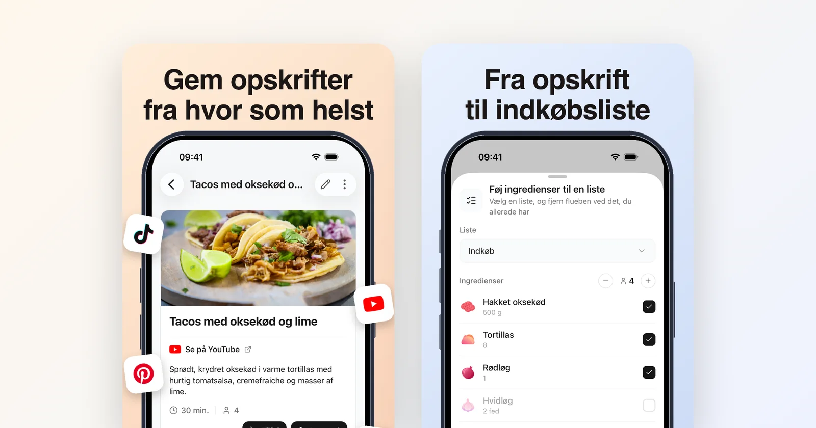 Groceree på en telefon: en tacoopskrift gemt fra YouTube og ingredienserne, der føjes til indkøbslisten