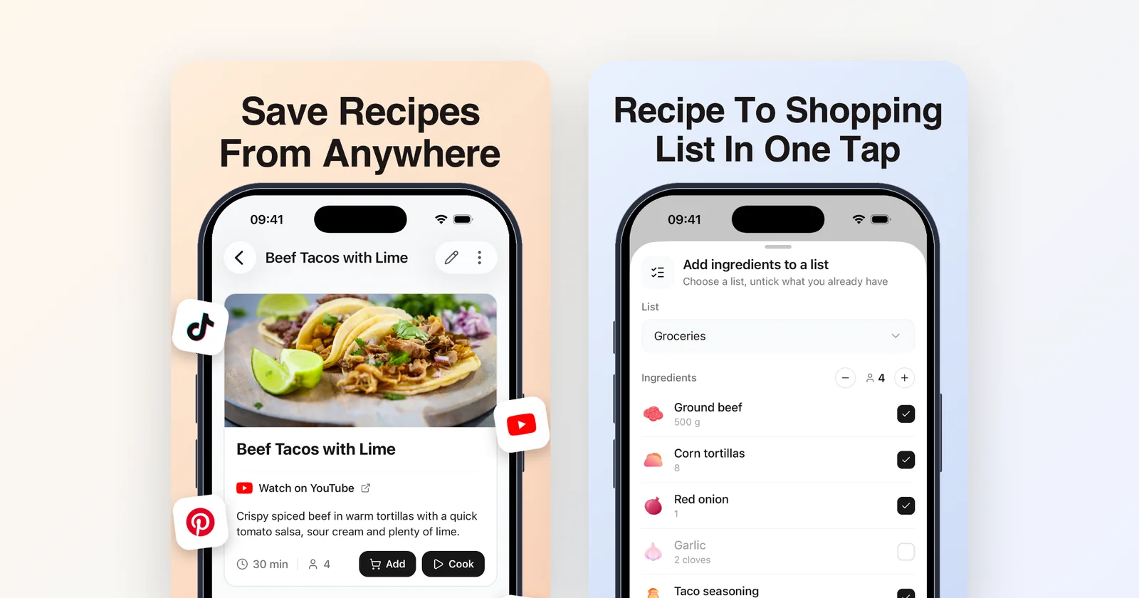 Groceree on a phone: a taco recipe saved from YouTube, and its ingredients going onto a shopping list