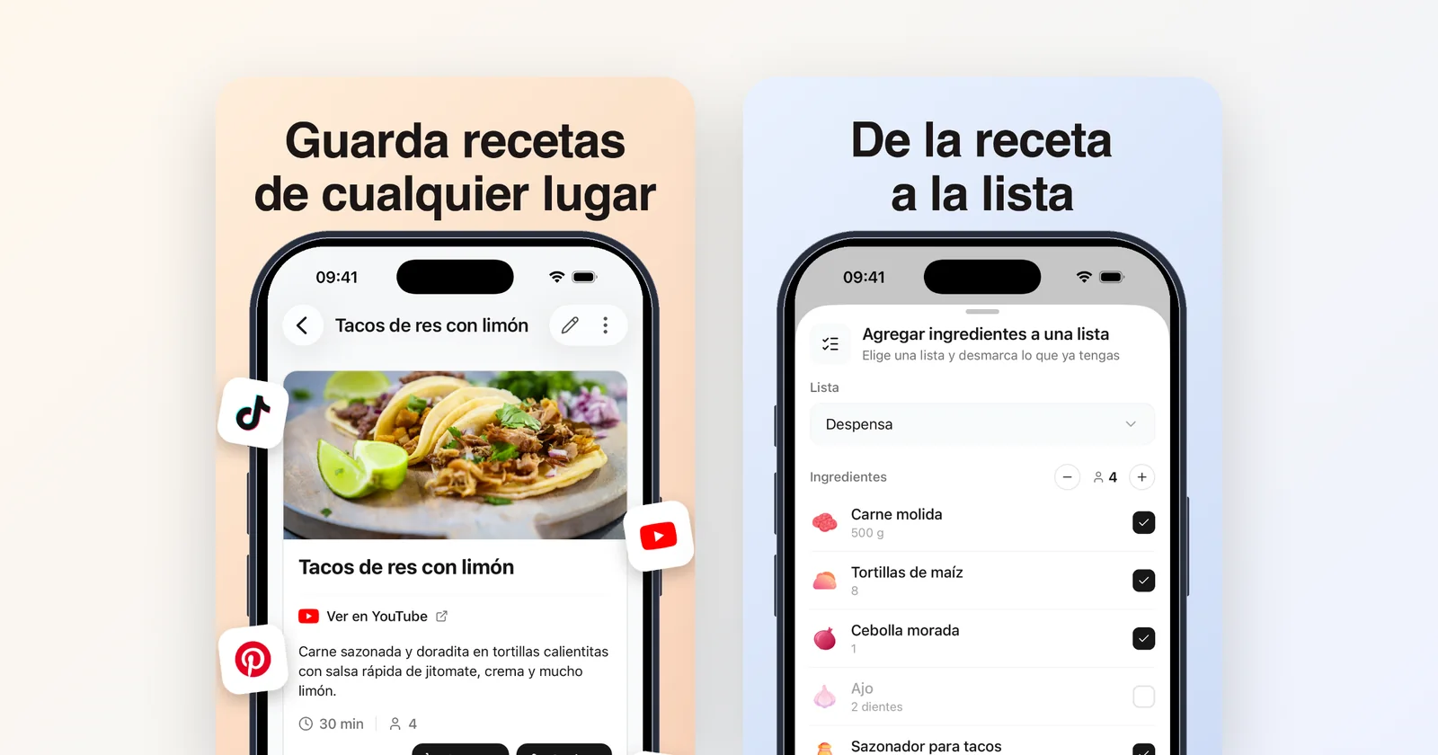 Groceree en un celular: una receta de tacos guardada desde YouTube y sus ingredientes pasando a la lista del súper