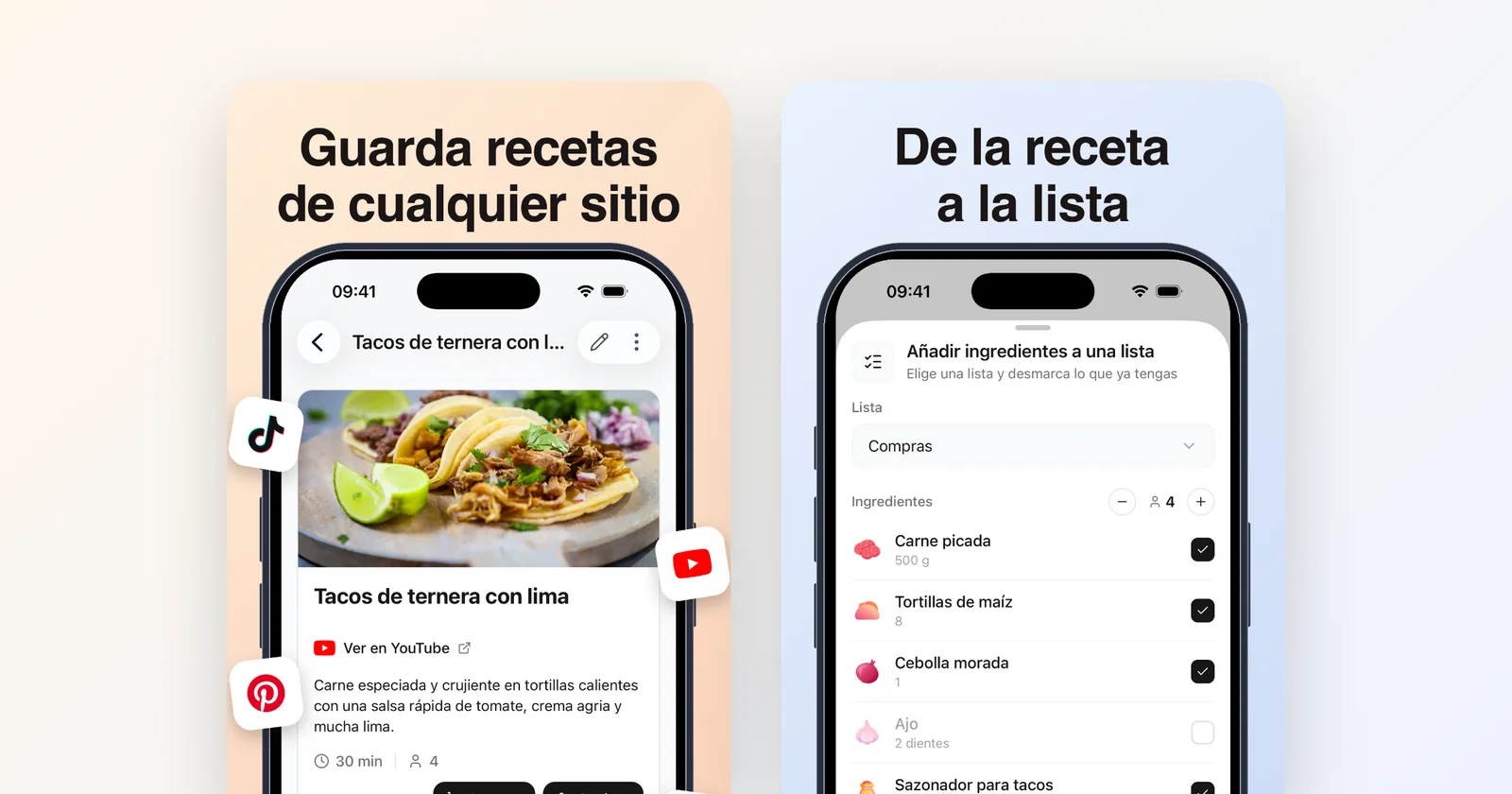 Groceree en el móvil: una receta de tacos guardada desde YouTube y sus ingredientes pasando a la lista de la compra
