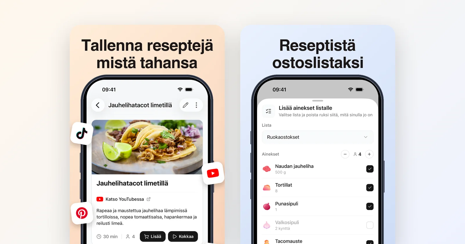 Groceree puhelimessa: YouTubesta tallennettu tacoresepti ja sen ainekset matkalla ostoslistalle