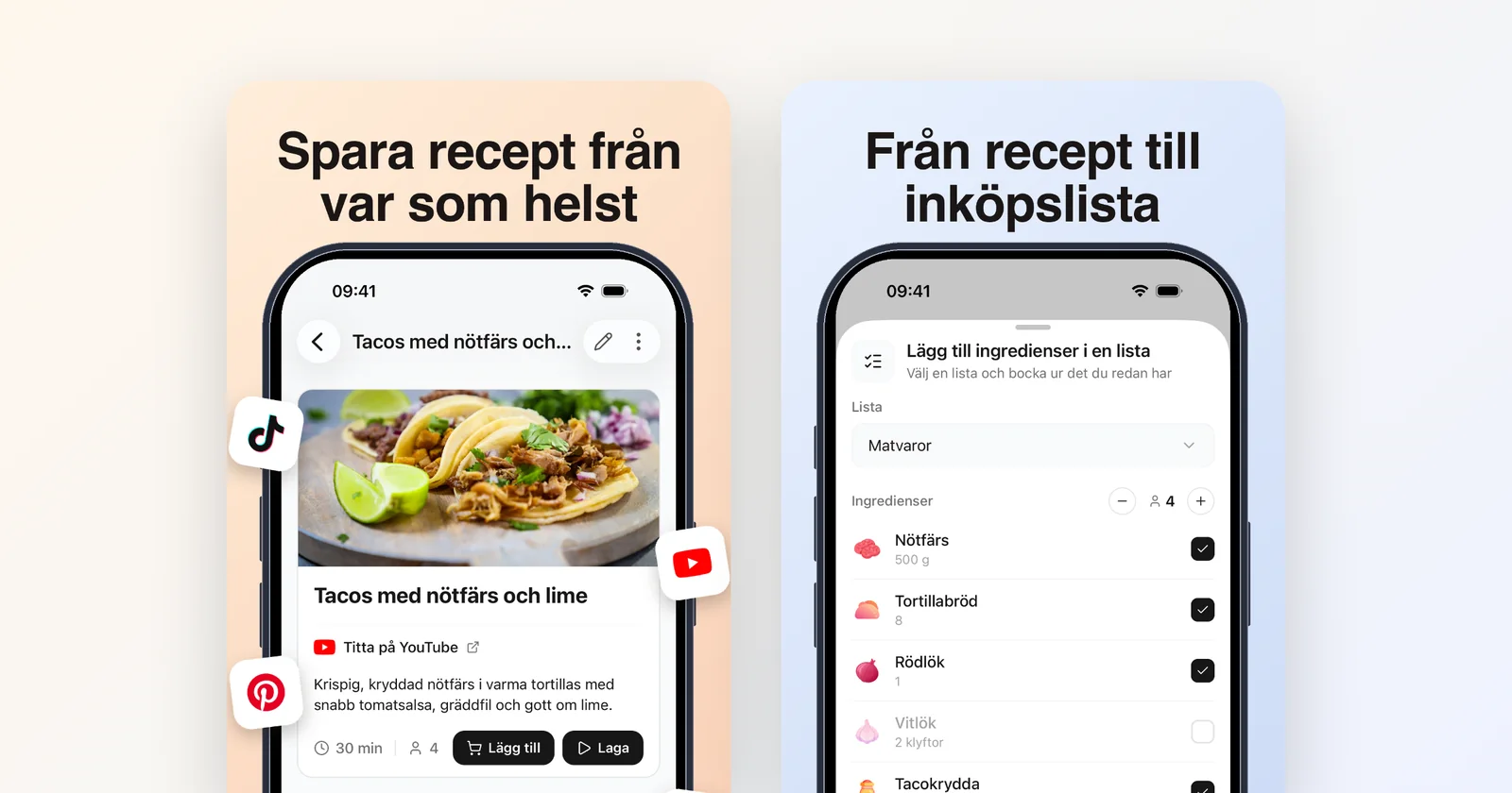 Groceree på en telefon: ett tacorecept sparat från YouTube och ingredienserna som läggs till på inköpslistan