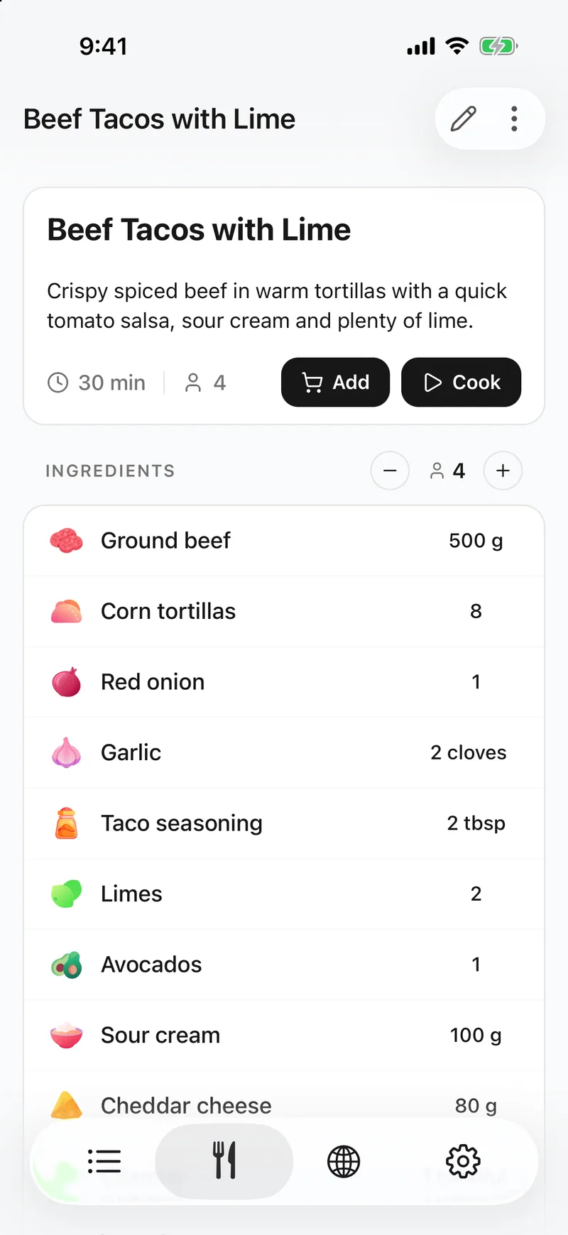 The recipe is typed out