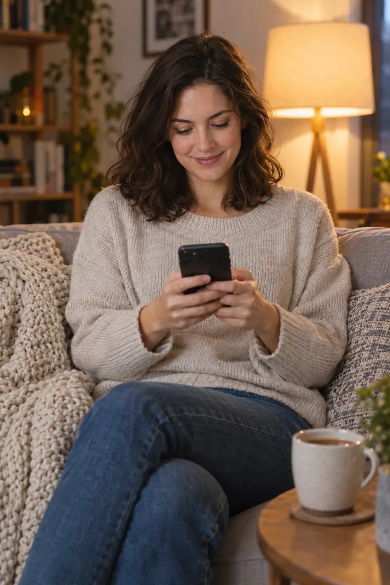 A woman on the sofa at home, adding items to the shared grocery list on her phone