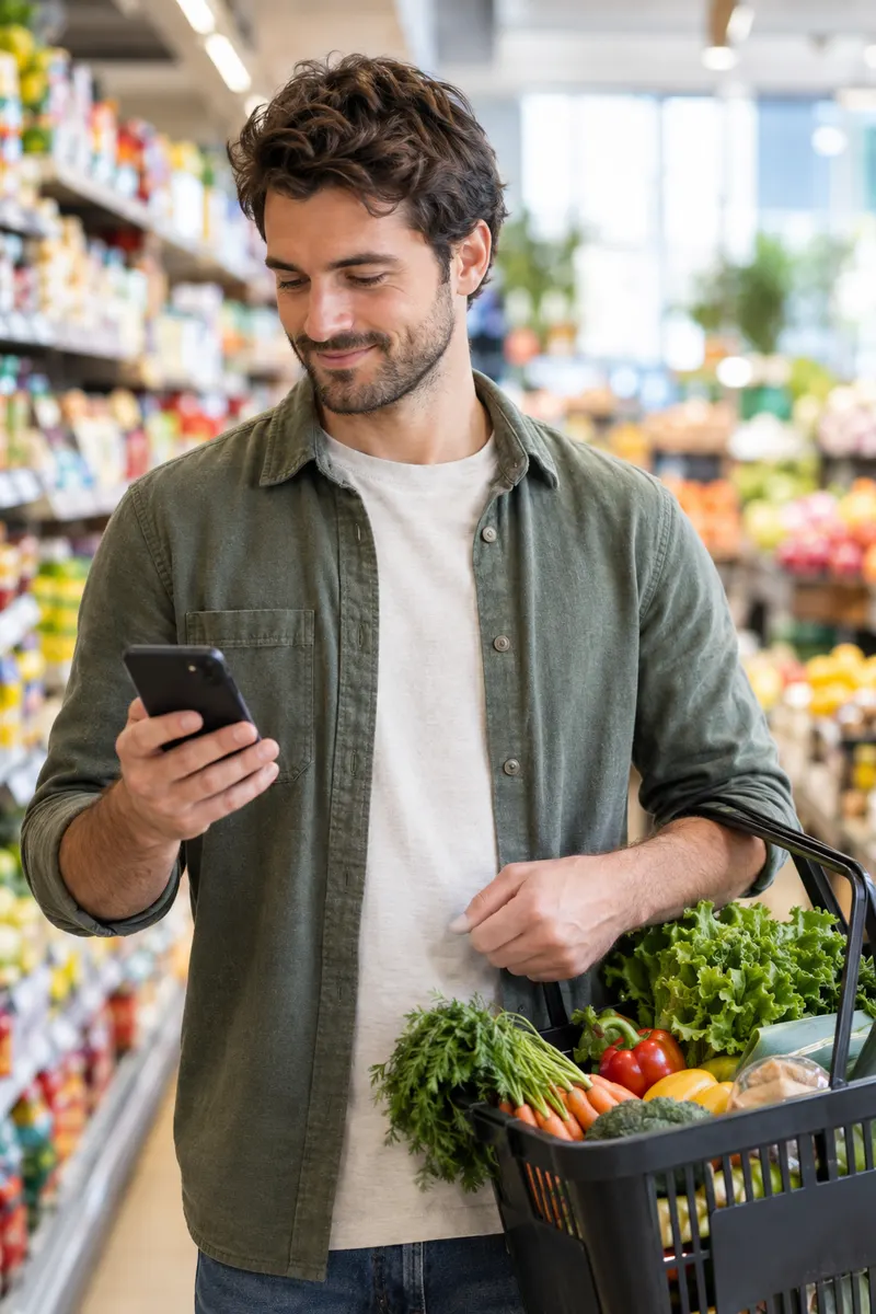 A man in a supermarket aisle with a basket, checking the shared grocery list on his phone