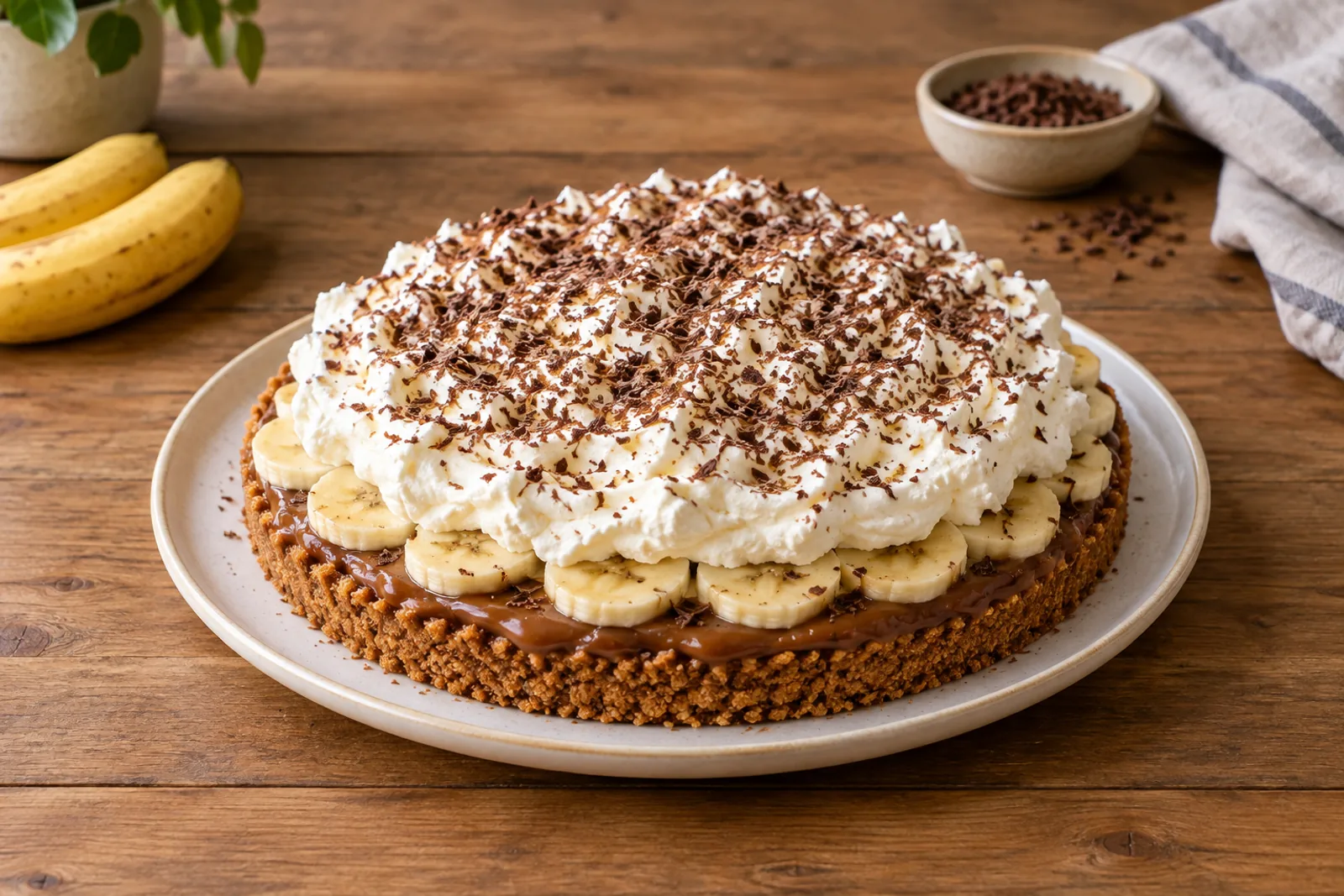 A slice of pie with a biscuit base, dark toffee layer, sliced bananas and whipped cream