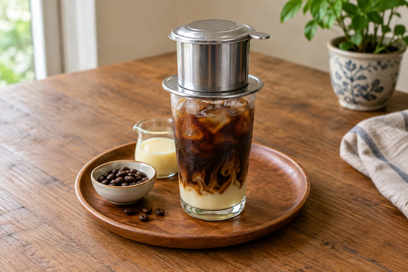 A glass of dark iced coffee layered over condensed milk with a metal phin filter on top