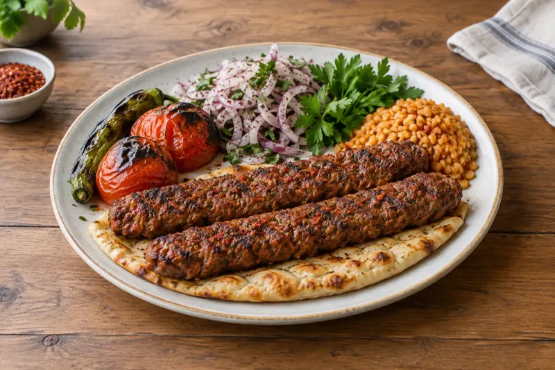Adana kebabs on flat skewers with charred edges, served with grilled peppers, onion salad and flatbread