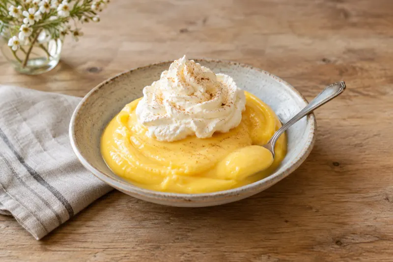 A small glass of thick yellow egg liqueur topped with whipped cream and a small spoon