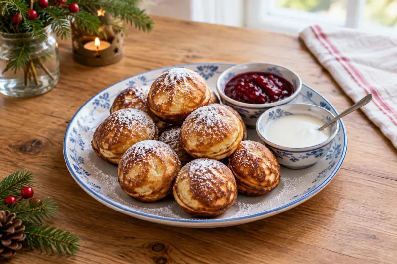 Round golden pancake balls dusted with icing sugar, with a bowl of jam