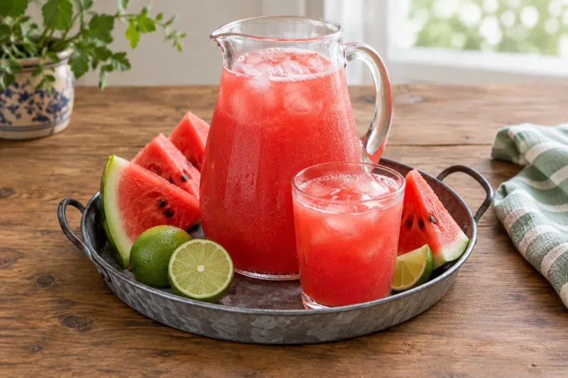 A large glass jar of pink watermelon drink with ice, lime slices and mint