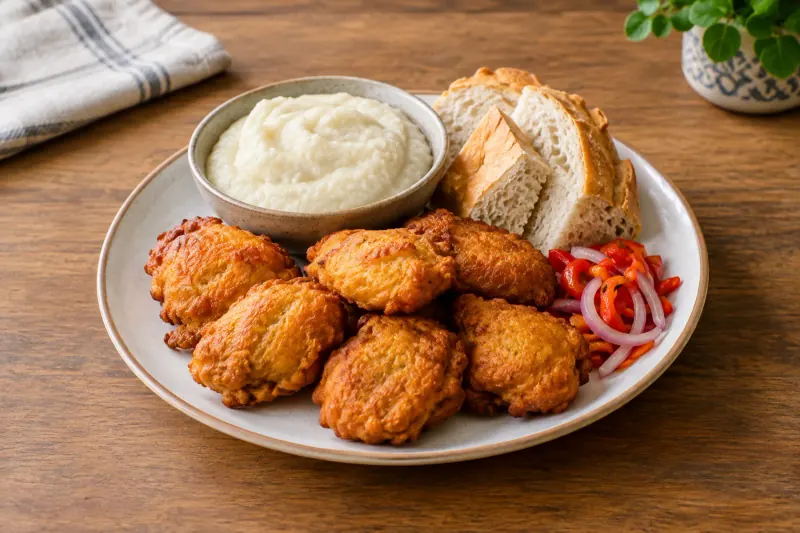 Round golden crispy bean fritters in a bowl with a small dish of chilli sauce