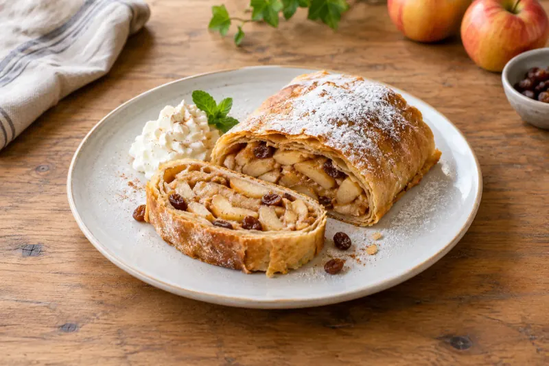Slices of flaky apple strudel dusted with icing sugar, with a jug of vanilla sauce