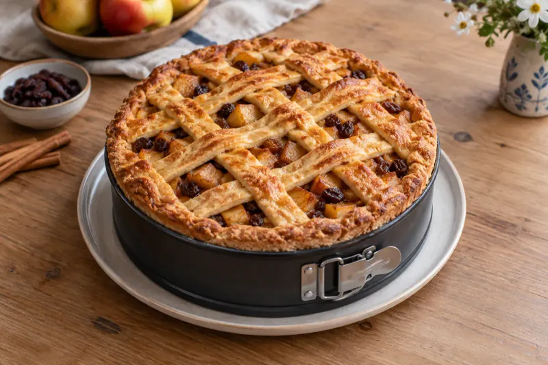A tall lattice-topped Dutch apple pie in a springform tin, cut to show packed apple