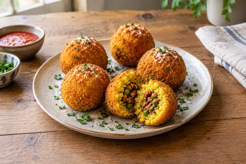 Golden fried rice balls, one broken open to show saffron rice and melted cheese