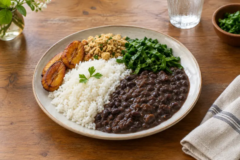 A plate of white rice beside dark brown Brazilian beans with farofa and greens