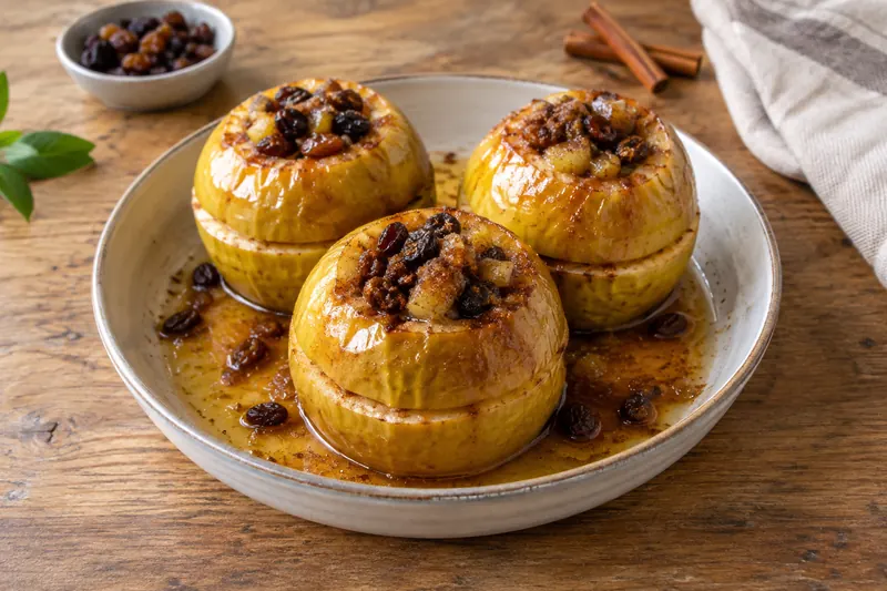 Four large baked green apples in an ovenproof dish, split around the middle, stuffed with raisins and glossy with syrup