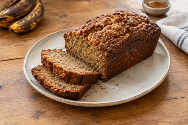 A sliced loaf of golden-brown banana bread with a sugary crust and a banana on top