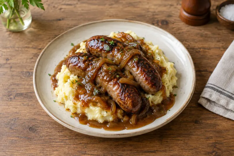 Sausages on mashed potato with dark onion gravy poured over