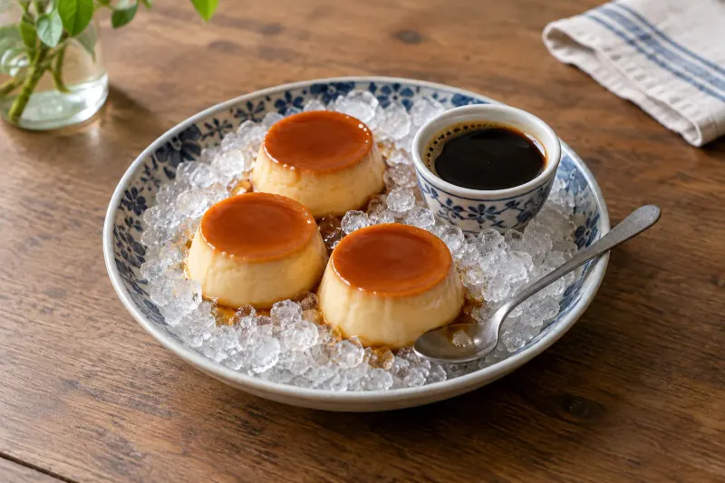 A small turned-out caramel custard on crushed ice with dark coffee poured around it