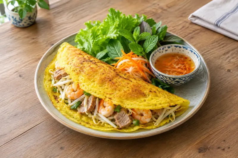 A folded yellow crispy Vietnamese crepe with prawns and beansprouts, herbs and lettuce alongside