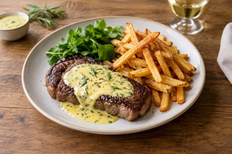 A small pan of thick, glossy pale yellow sauce flecked with green tarragon beside a sliced steak