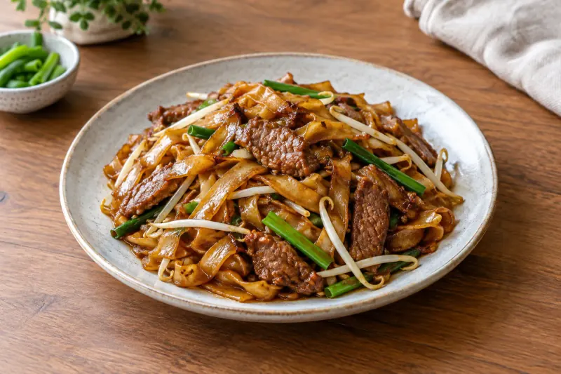 Glossy dark wide rice noodles stir-fried with slices of beef, bean sprouts and spring onion