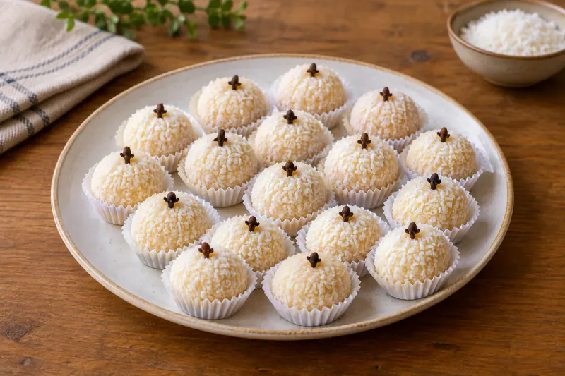 Small white coconut balls rolled in sugar, each with a clove on top, in paper cases