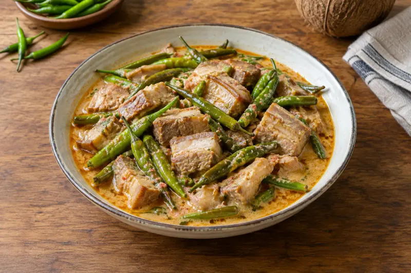 Pork belly pieces in a thick creamy coconut sauce with sliced green chillies