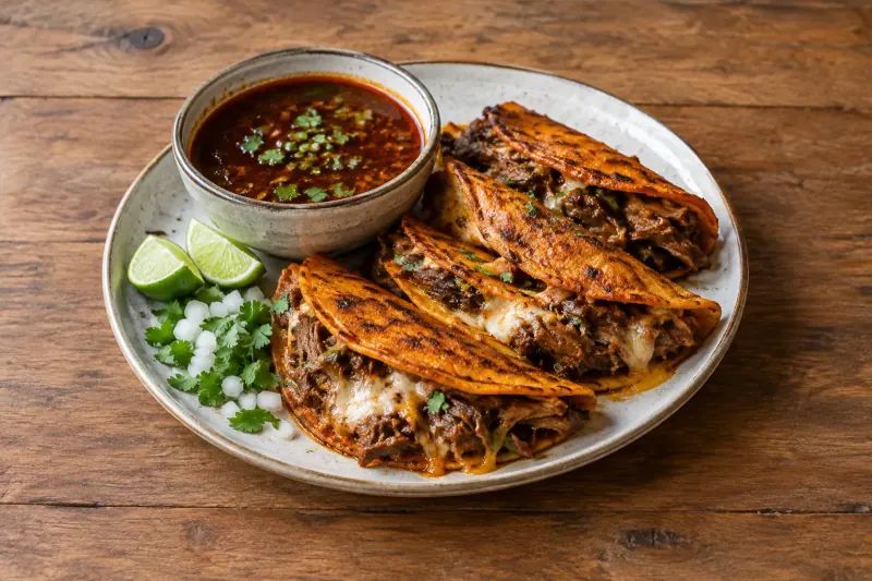 Crisp red-stained tacos filled with shredded beef and cheese, with a cup of red broth