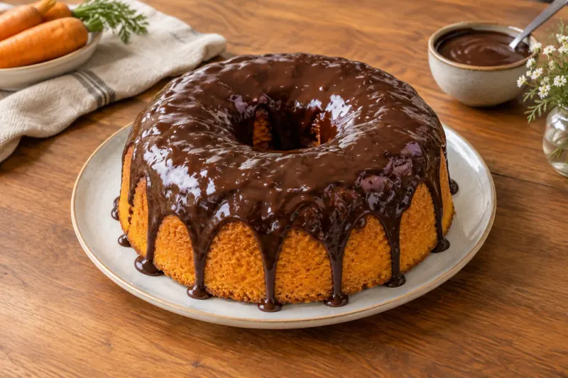 A square of bright orange sponge cake covered in a thick glossy chocolate glaze