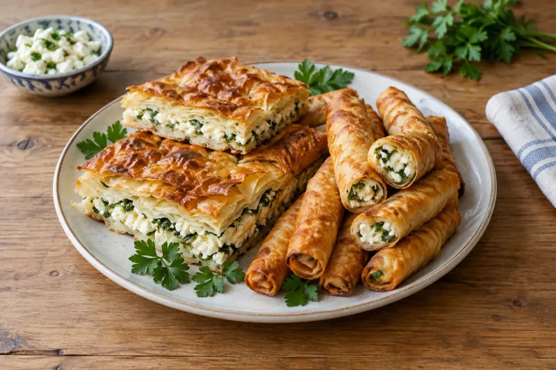 Squares of layered Turkish börek beside crisp rolled cigar börek on a plate