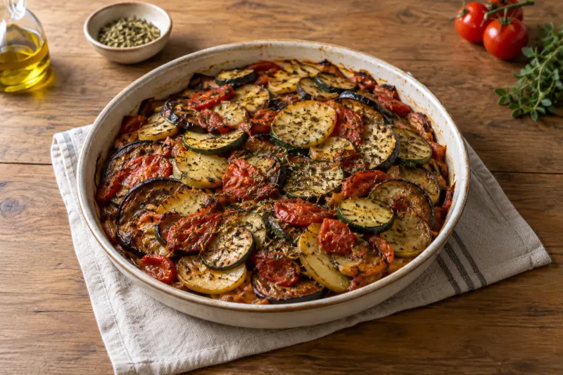 A baking dish of sliced courgette, aubergine, potato and tomato, browned at the edges