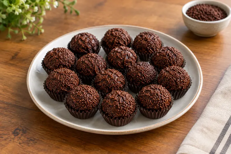 A plate of small dark chocolate sweets rolled in chocolate sprinkles and set in paper cases.