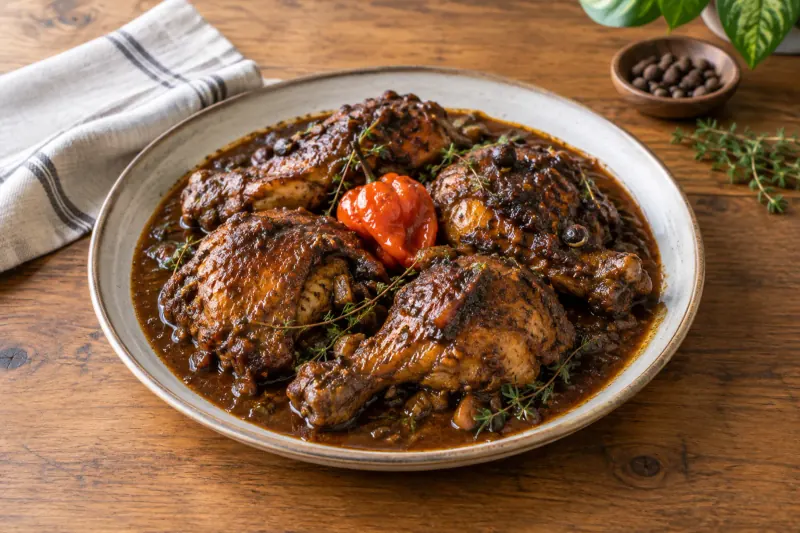 Dark stewed chicken pieces in rich brown gravy with carrot, peppers and thyme sprigs