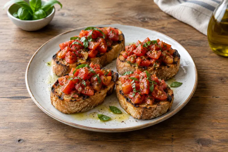 Slices of charred toasted bread topped with chopped red tomatoes, basil and olive oil