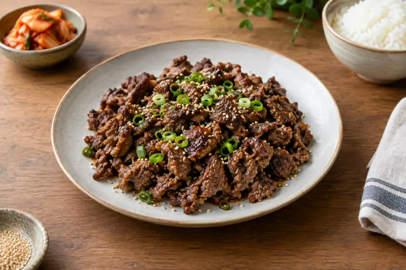 Bulgogi beef caramelised in a pan with onion and spring onion, sesame seeds scattered over