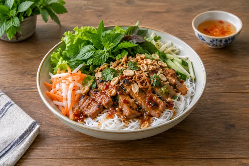 A bowl of cold rice noodles with grilled pork, herbs, pickled carrot and crushed peanuts