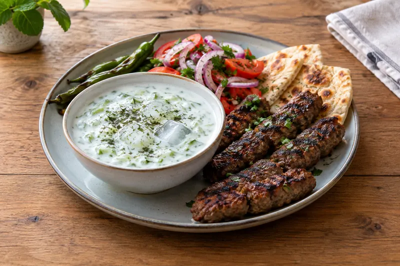A bowl of thin white yoghurt with grated cucumber, dried mint and a drizzle of olive oil