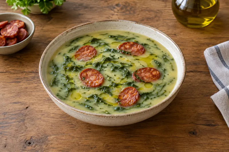 A bowl of pale green potato soup with fine ribbons of dark greens, slices of chouriço and a pool of olive oil on top