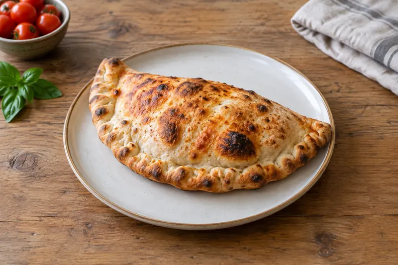A large golden folded pizza half-moon, cut open to show melted ricotta, mozzarella and salami