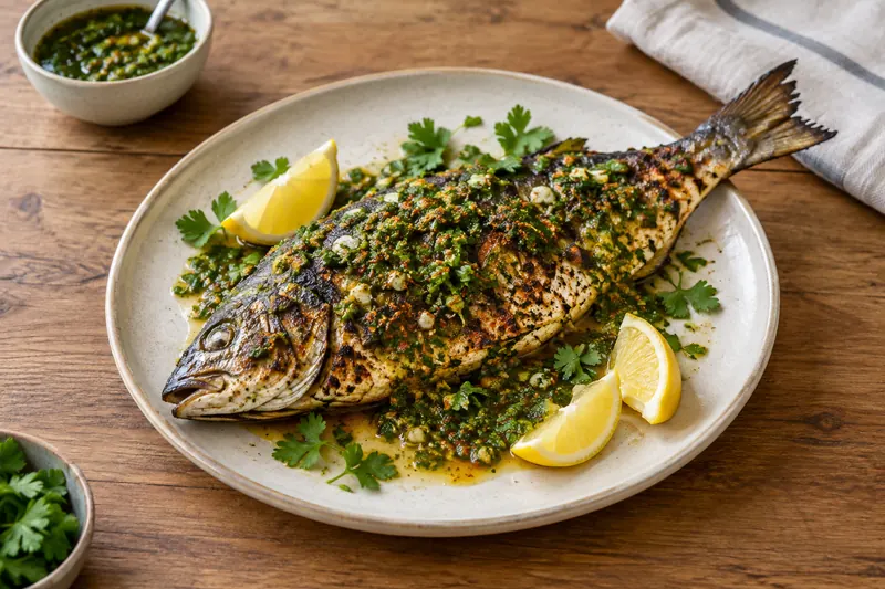 Grilled whole sea bream coated in green herb chermoula with lemon wedges