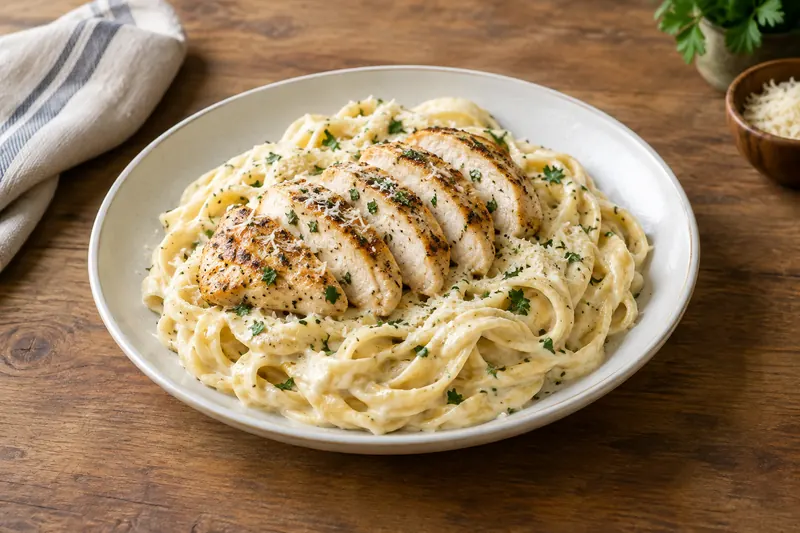 A plate of fettuccine in thick creamy white sauce topped with sliced golden chicken and parsley