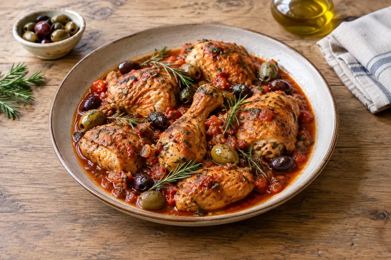 Braised chicken pieces in tomato sauce with black olives, peppers and rosemary