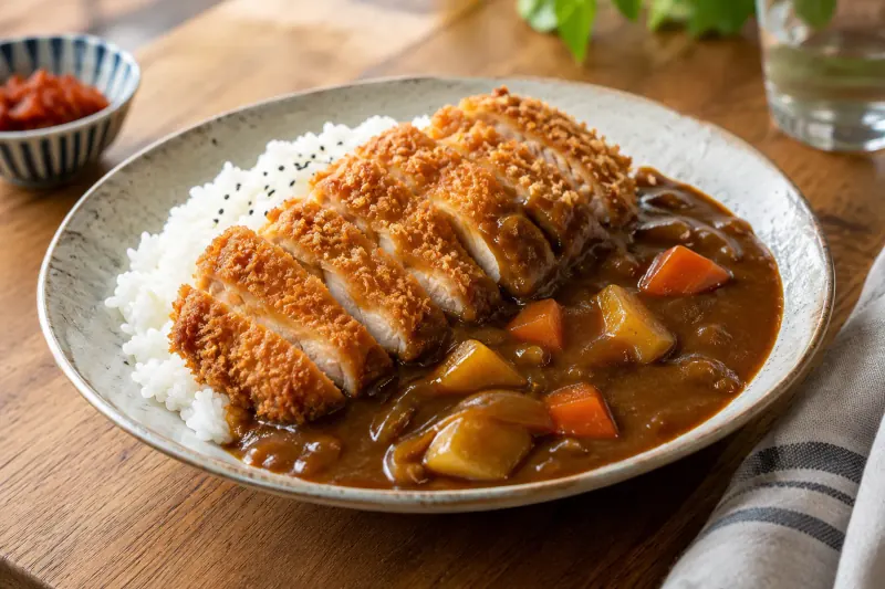 Sliced chicken katsu on rice with thick brown Japanese curry sauce poured alongside