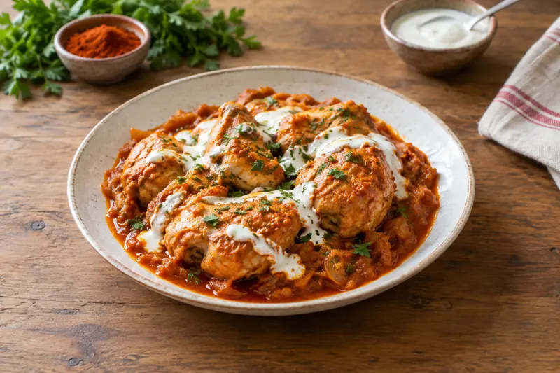 Chicken thighs in a rust-red paprika and soured cream sauce, scattered with parsley