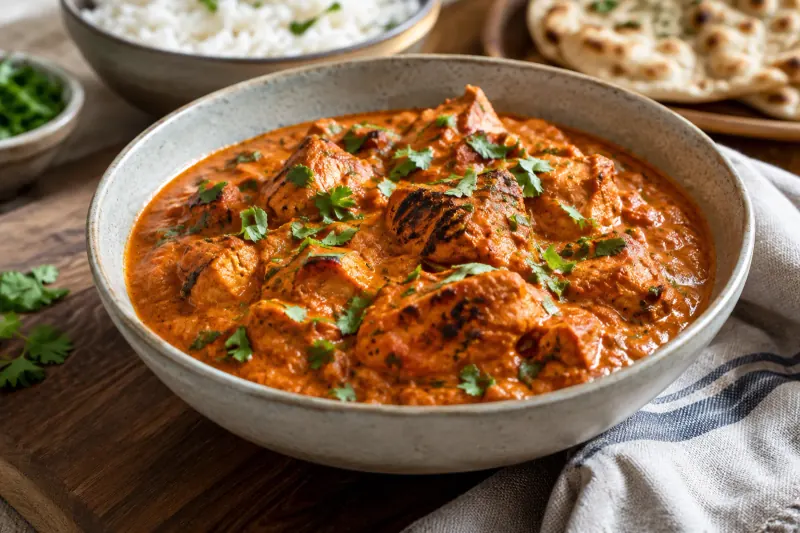 Chicken tikka masala in a creamy orange sauce, garnished with fresh coriander