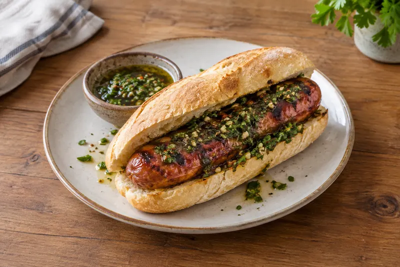 A split grilled chorizo in a crusty roll topped with green chimichurri