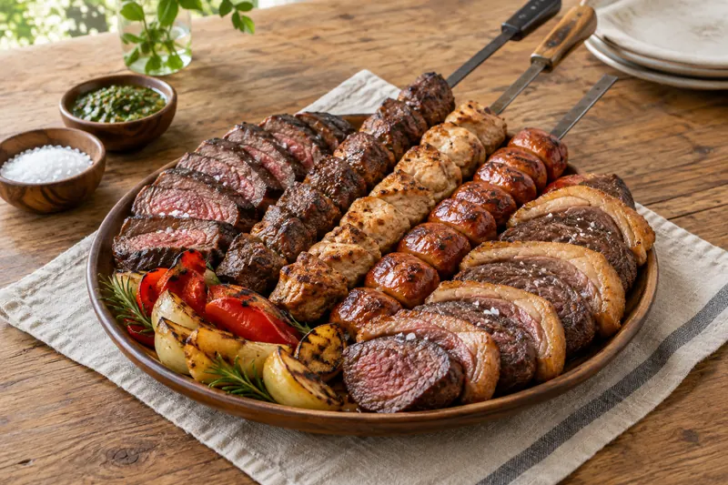 Several skewers of grilled Brazilian meats over coals with farofa and vinaigrette alongside